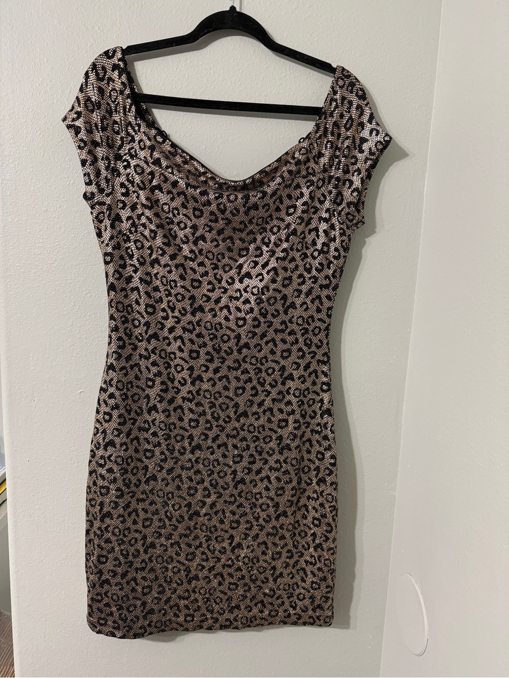 Y2K GUESS Leopard Off Shoulder Sparkle Metallic Mini Dress Brown & Black 14